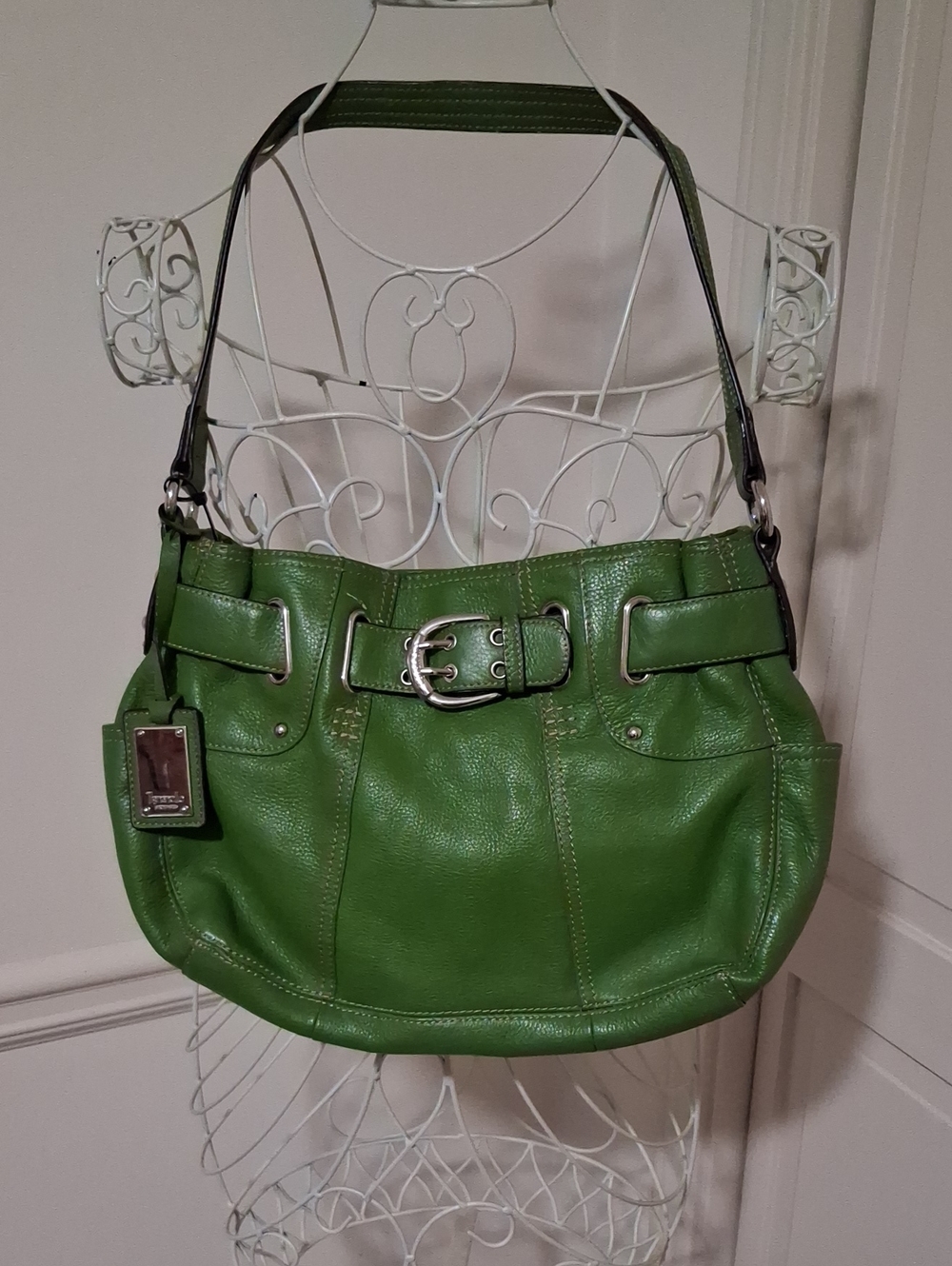 Tignanello Green Leather Shoulder Bag with Buckle Detail